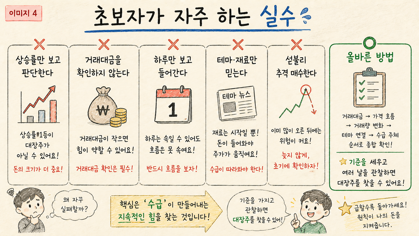 상승률만 보고 대장주를 판단하거나 하루만 보고 확정하는 초보자의 실수를 정리한 이미지