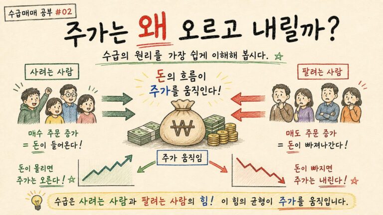 주가가 오르고 내리는 수급의 원리를 설명하는 투자공부 이미지