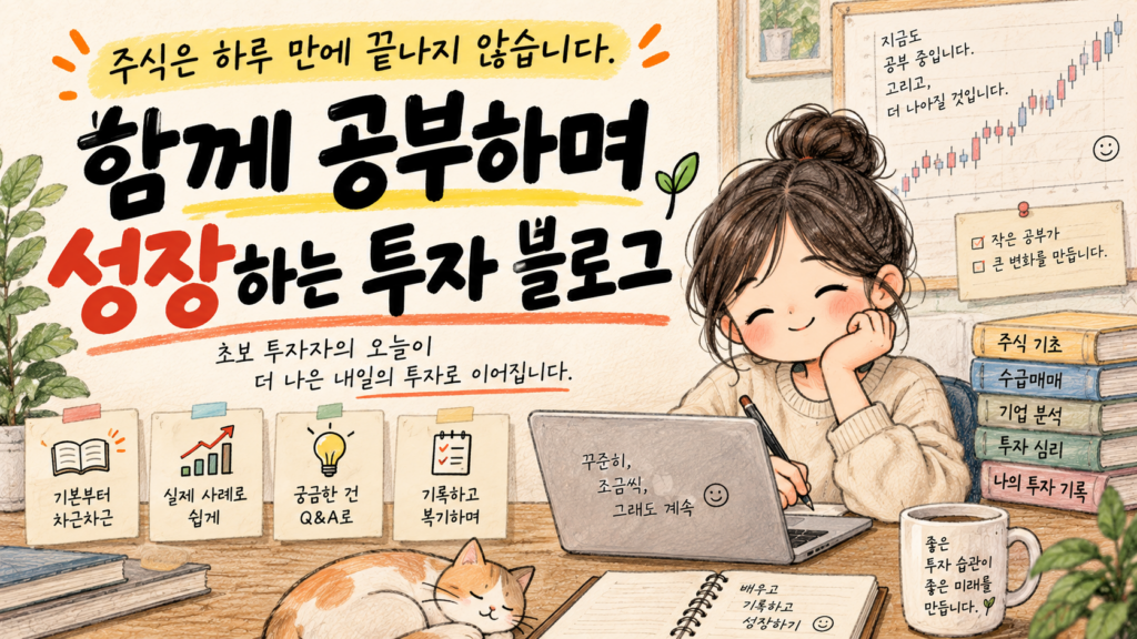 주식 공부 내용을 기록하고 복기하는 투자 학습 노트 일러스트