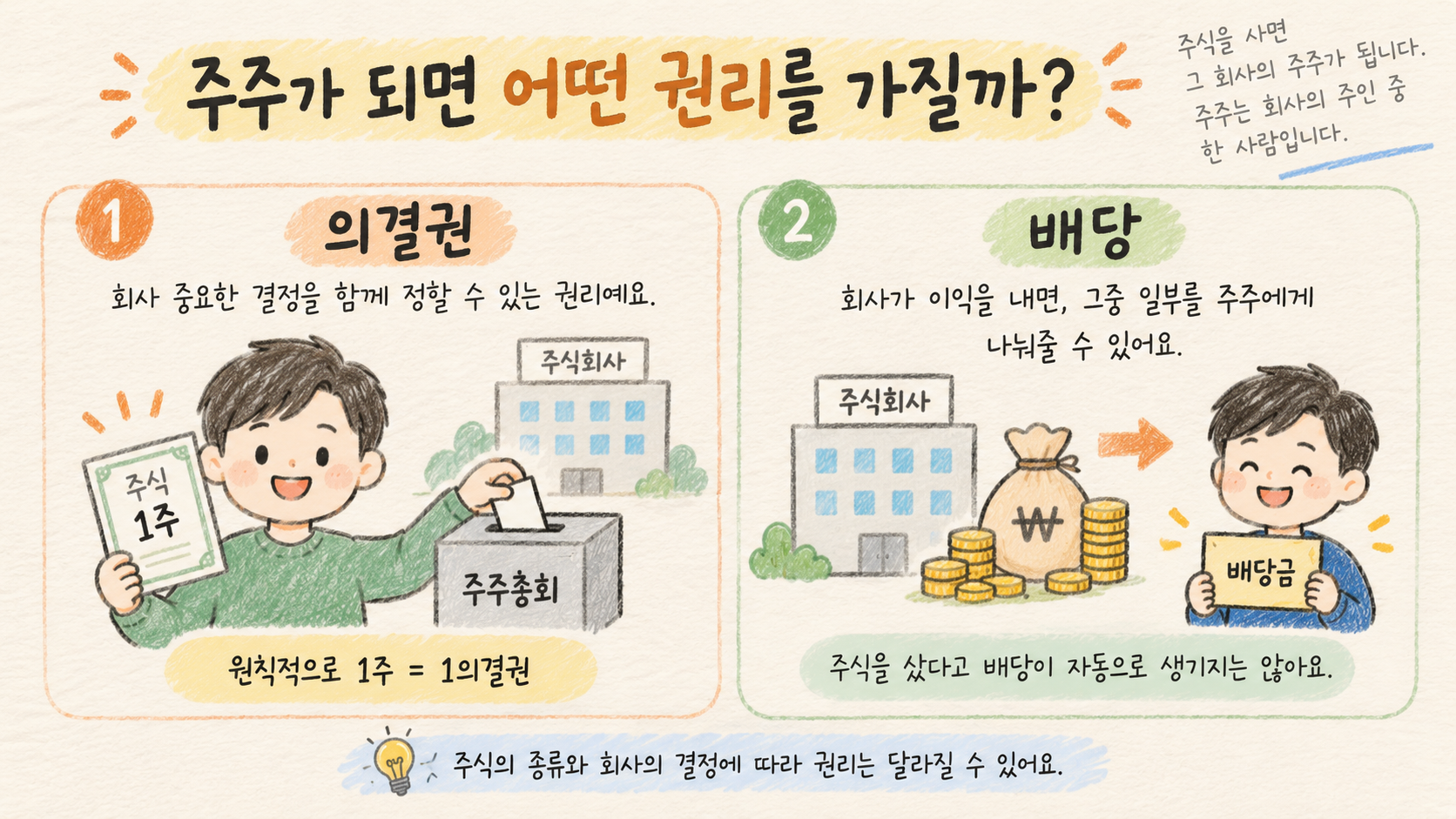 주주가 가질 수 있는 의결권과 배당 등 주식의 기본 권리를 설명한 그림