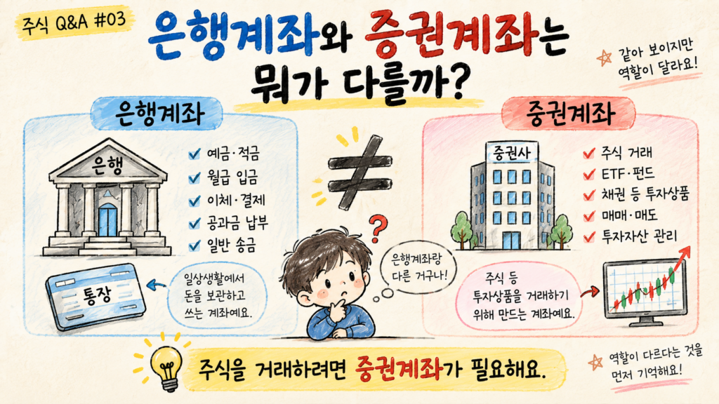 은행계좌와 증권계좌의 역할 차이와 주식 거래에는 증권계좌가 필요하다는 점을 설명한 이미지
