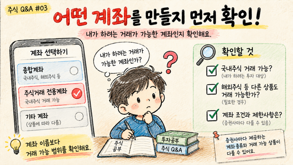 주식계좌를 만들기 전에 국내주식 등 원하는 거래가 가능한 계좌인지 확인하는 과정을 설명한 이미지