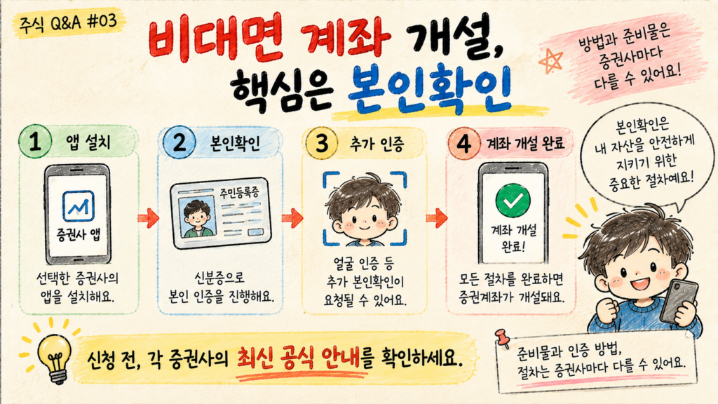 비대면 주식계좌 개설 과정에서 본인확인이 중요하고 인증 방법과 준비물은 증권사마다 다를 수 있음을 설명한 이미지