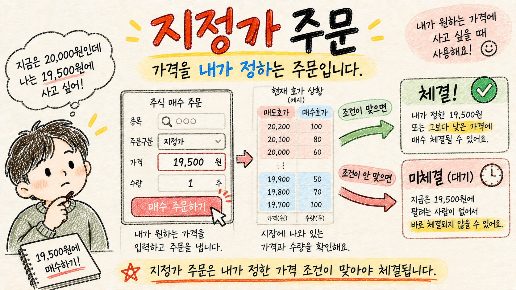 주식 지정가 매수 주문은 투자자가 원하는 가격을 정하고 조건이 맞을 때 체결된다는 것을 설명하는 이미지