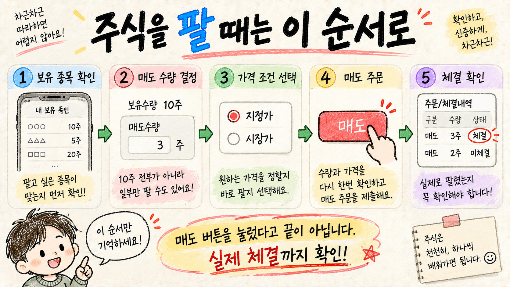 주식 매도 시 보유 종목 확인부터 수량과 가격 조건 선택, 매도 주문, 체결 확인까지의 순서를 설명하는 이미지