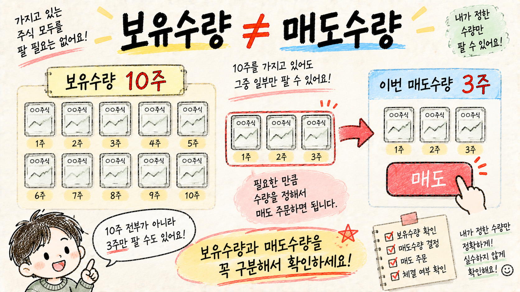 주식 10주를 보유하고 있어도 그중 일부인 3주만 매도 주문할 수 있음을 설명하는 이미지