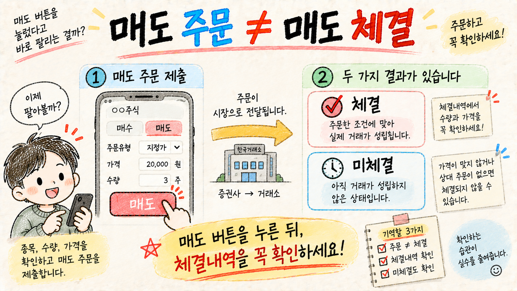 주식 매도 주문을 제출한 것과 실제 거래가 체결된 것은 다르며 체결내역을 확인해야 함을 설명하는 이미지