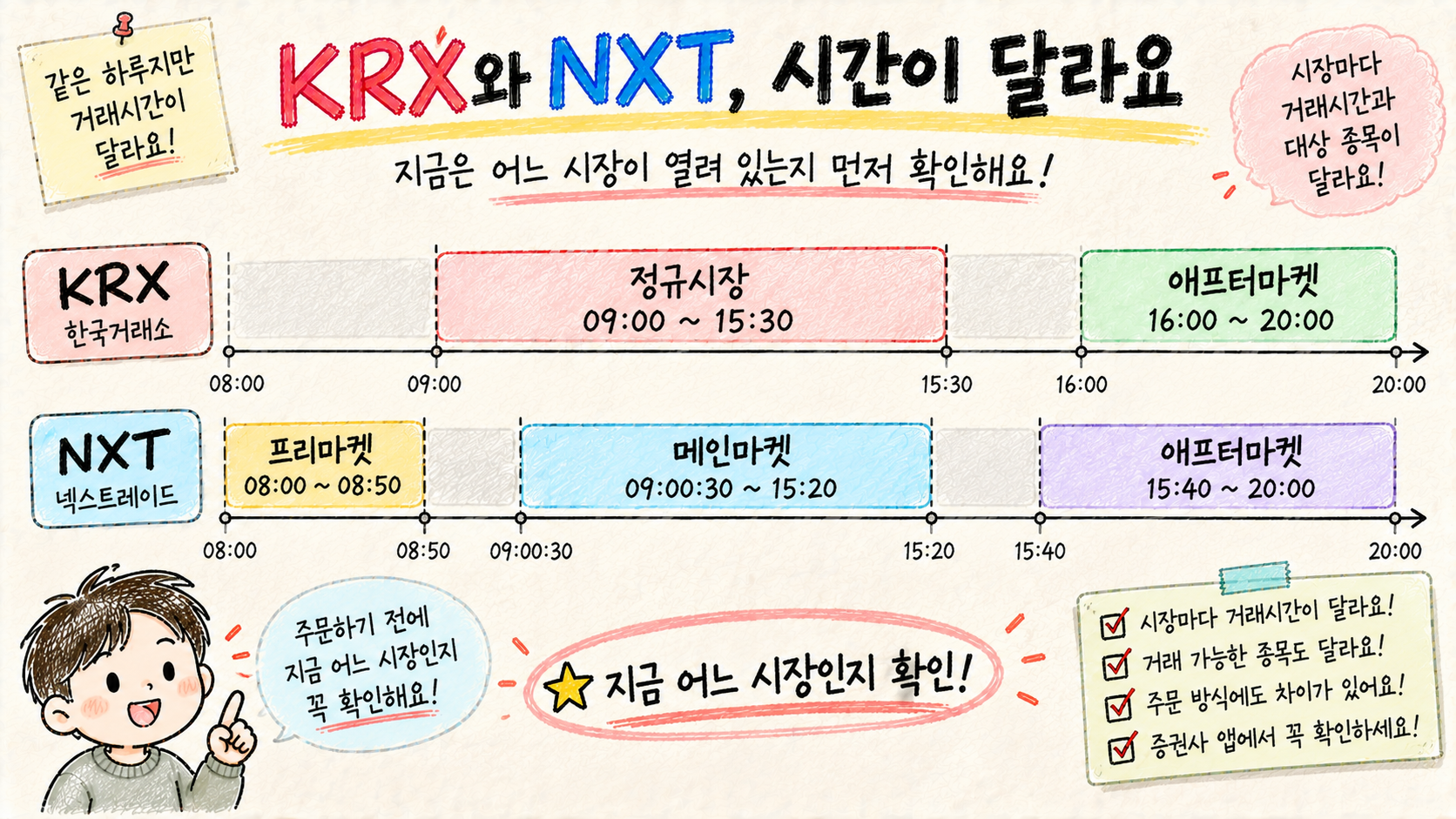 KRX 정규시장과 애프터마켓, NXT 프리마켓과 메인마켓 및 애프터마켓의 거래시간 차이를 비교한 이미지
