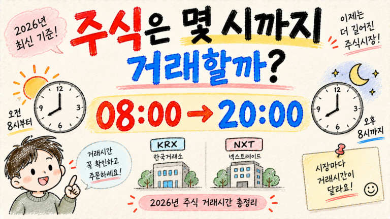 2026년 국내 주식 거래시간을 오전 8시부터 오후 8시까지의 범위로 보여주는 Q008 대표 이미지