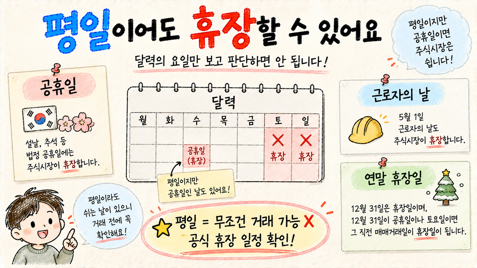 평일이어도 공휴일과 근로자의 날, 연말 휴장일 등에 국내 주식시장이 휴장할 수 있음을 설명하는 이미지