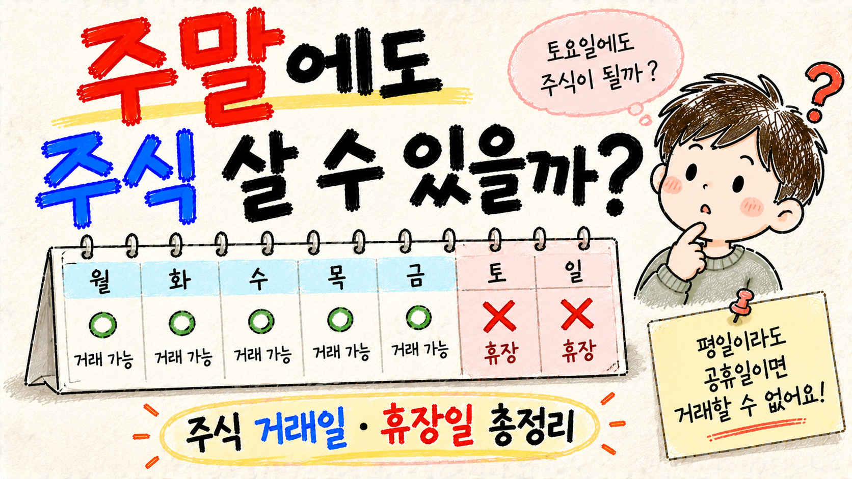 주말과 공휴일의 국내 주식 거래 가능 여부와 주식시장 휴장일을 설명하는 Q009 대표 이미지