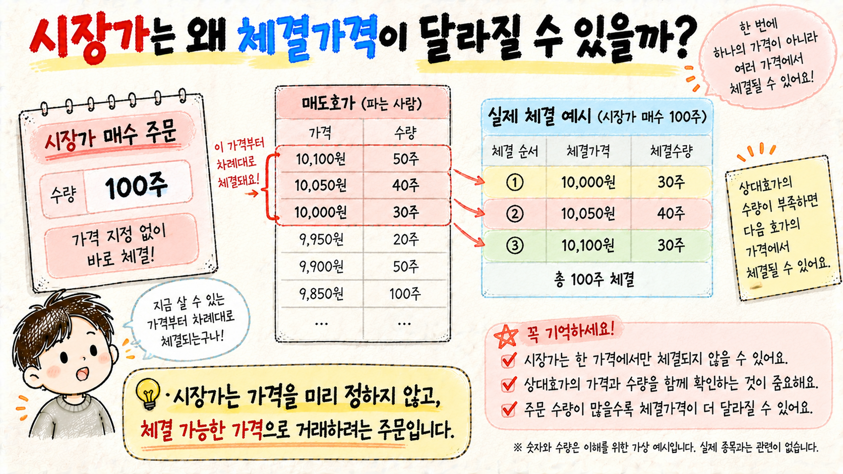 시장가 주문은 상대 매도호가의 물량에 따라 여러 가격에서 나누어 체결될 수 있음을 설명하는 이미지