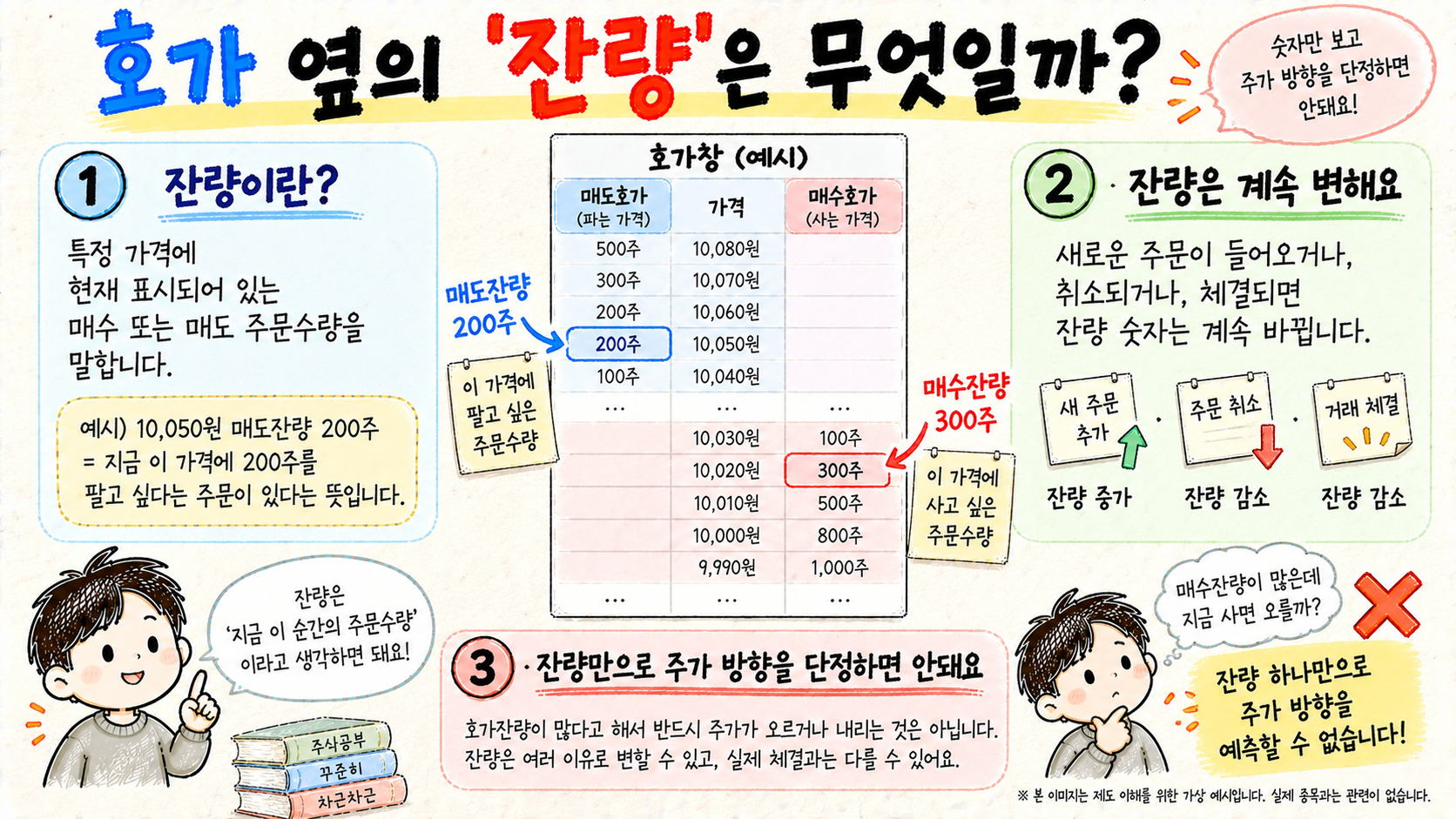 호가잔량은 해당 가격대에 표시되는 주문수량이며 잔량만으로 주가 방향을 단정할 수 없음을 설명하는 이미지