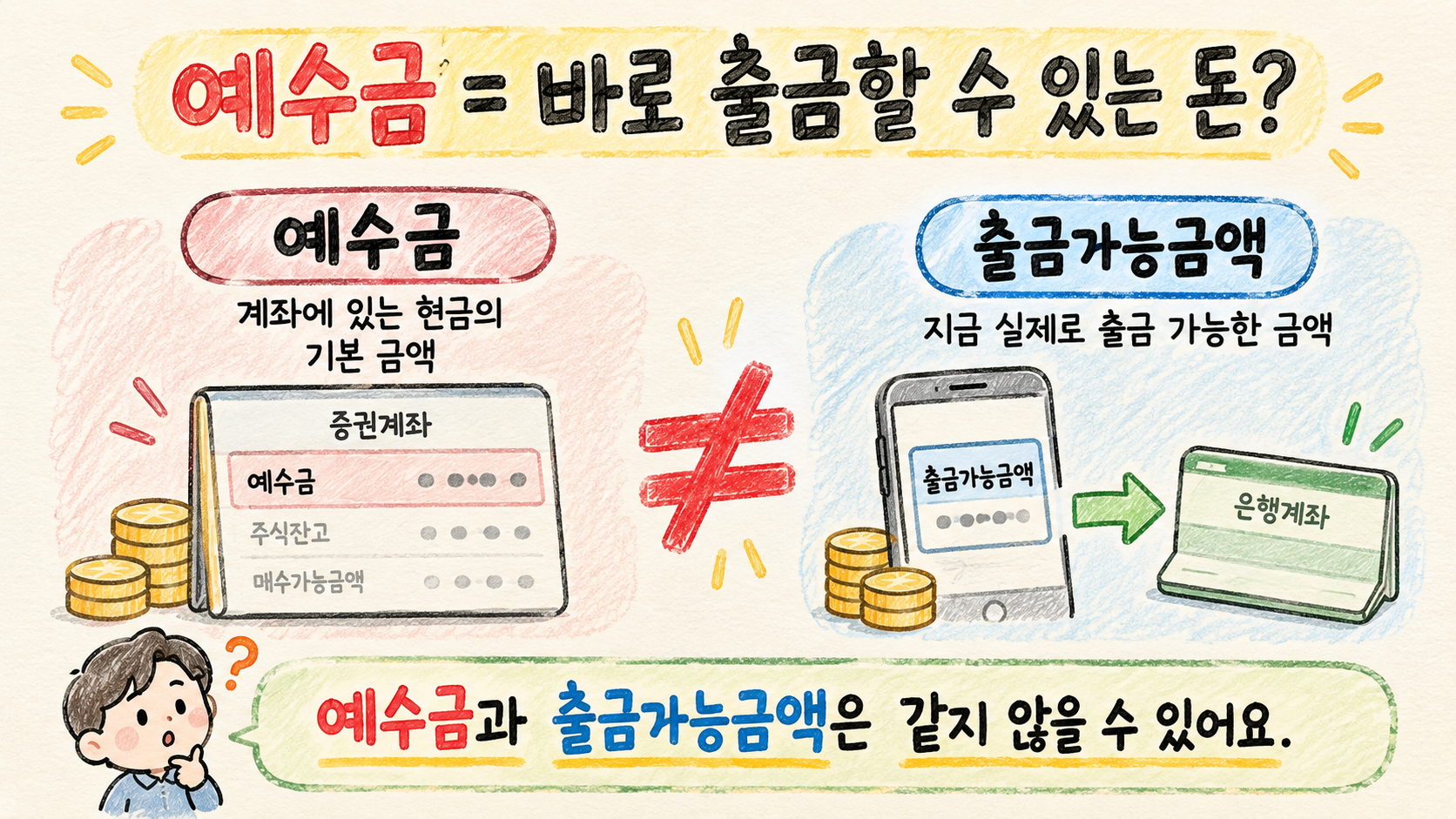 주식 예수금과 출금가능금액이 서로 다른 개념임을 설명하는 이미지