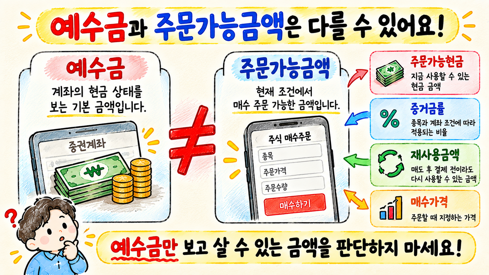 주식 예수금과 주문가능금액이 서로 다를 수 있음을 설명하는 이미지