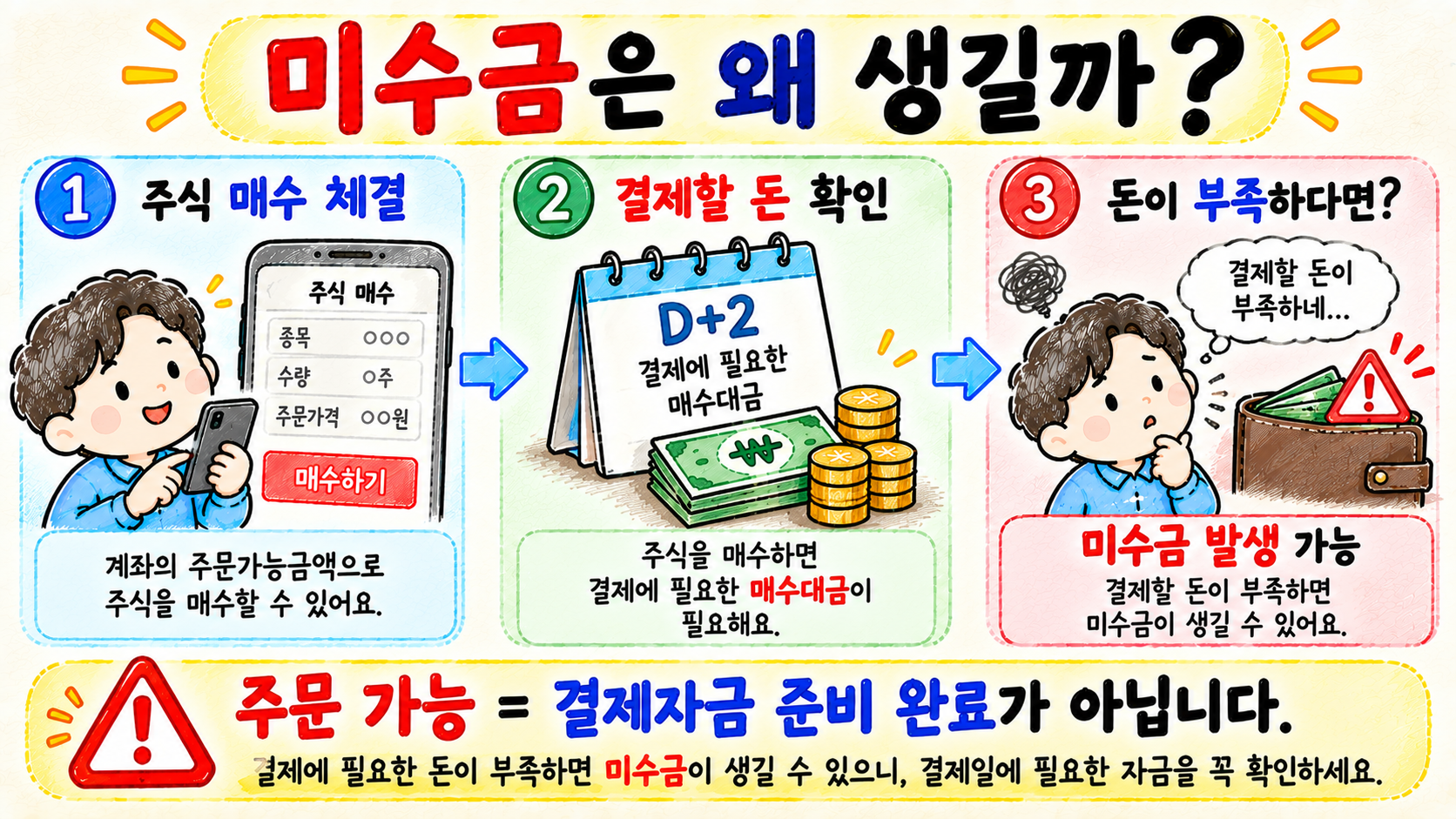주식 매수 후 결제자금이 부족해 미수금이 발생하는 과정을 설명하는 이미지