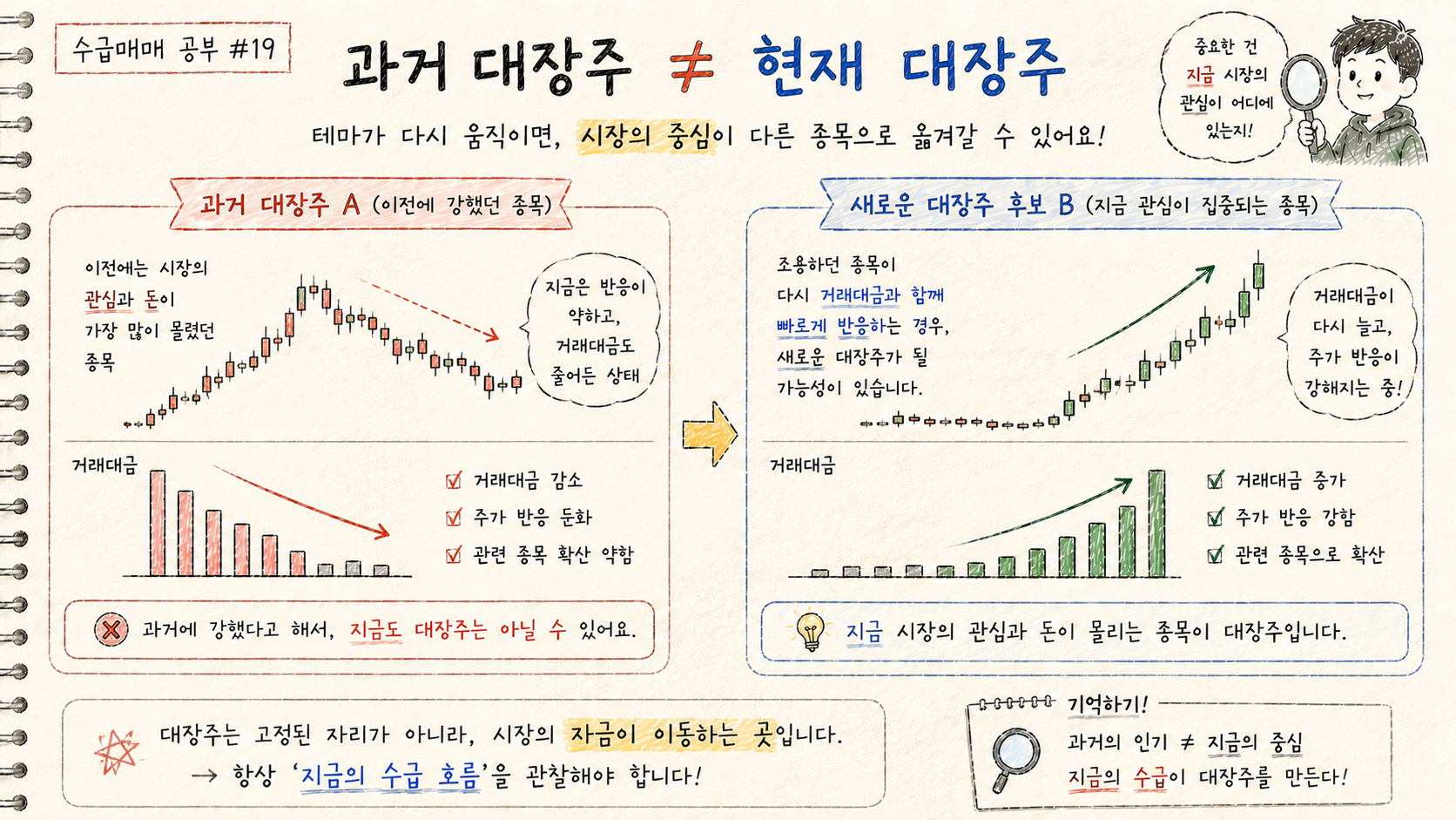 과거 대장주와 현재 새로운 대장주 후보를 비교하며 시장의 관심과 거래대금이 이동할 수 있음을 설명합니다