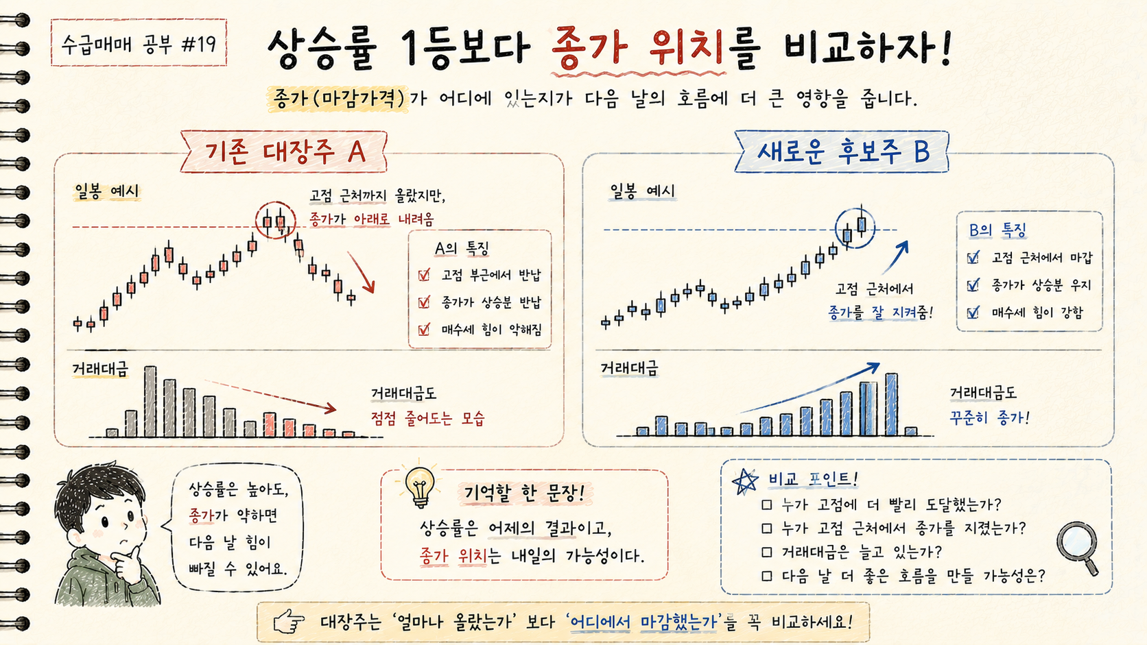 기존 대장주와 새로운 후보의 장중 상승분 유지 여부와 종가 위치를 비교합니다