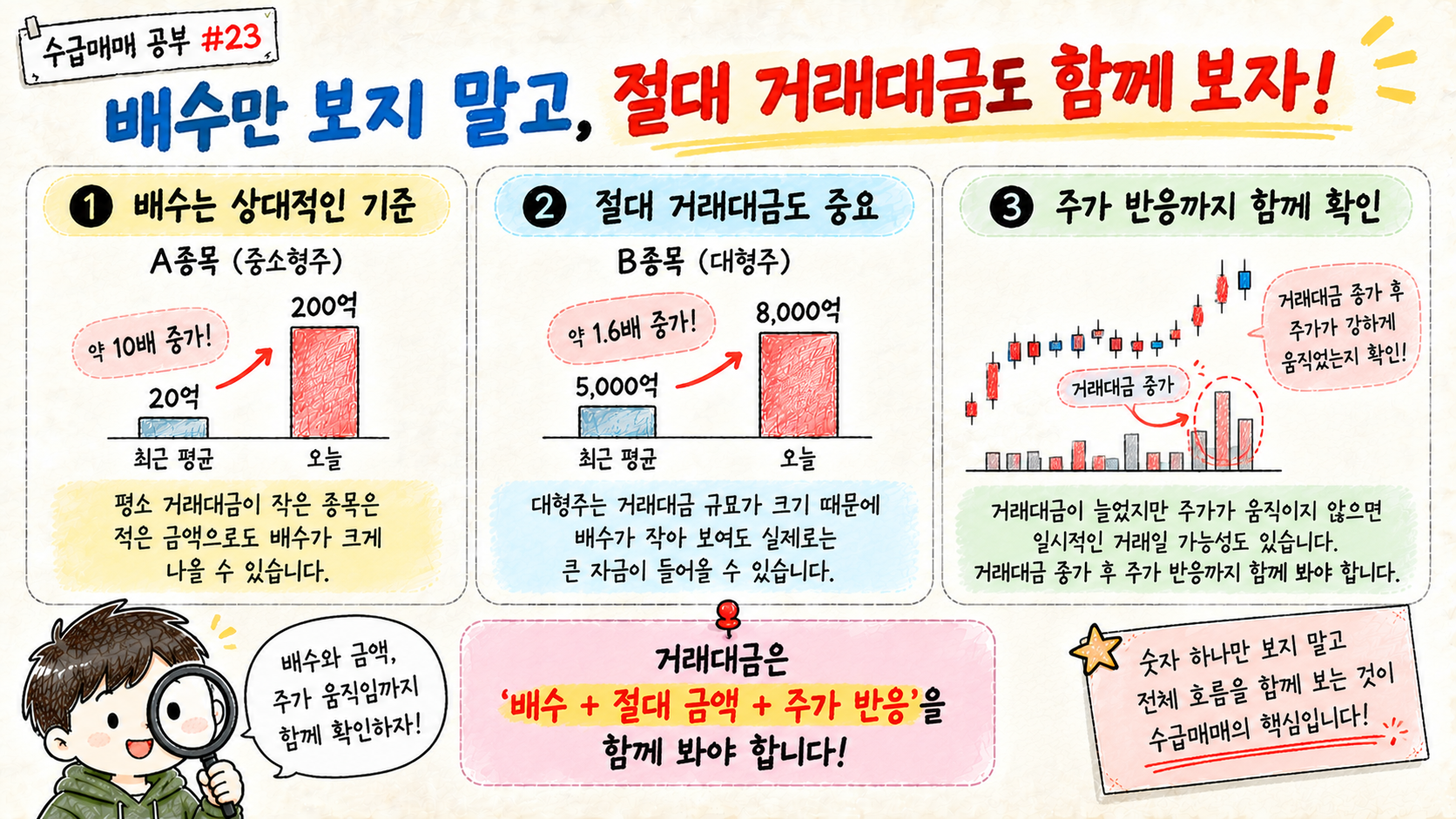 거래대금 증가 배수와 절대 거래대금 규모를 함께 비교하는 교육용 이미지