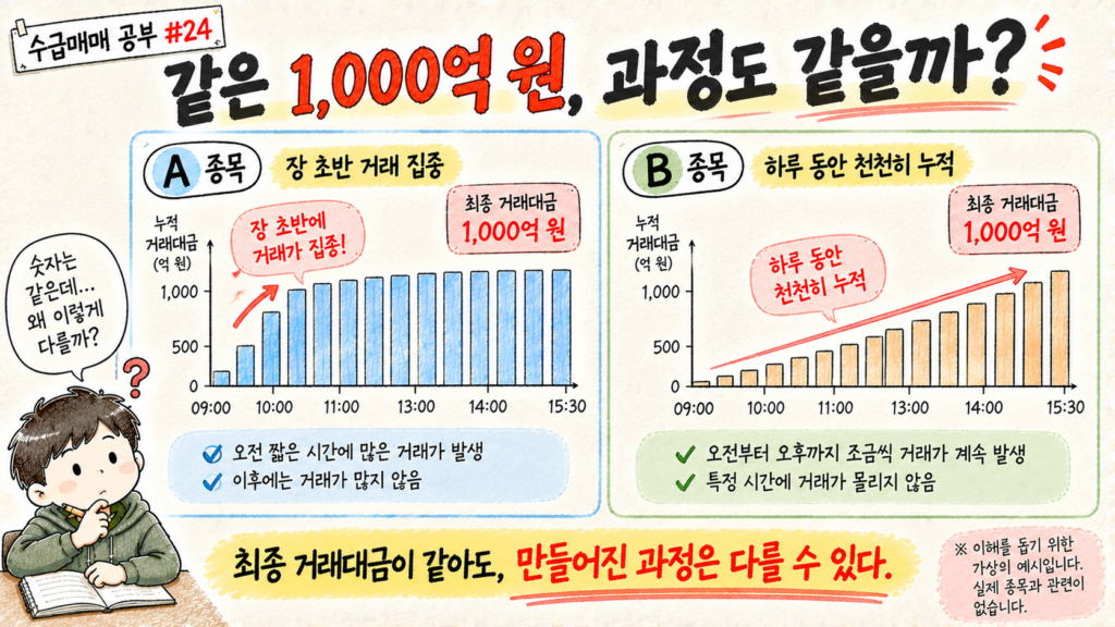 같은 최종 거래대금이라도 장중 거래가 쌓이는 과정이 다를 수 있음을 비교한 교육용 이미지