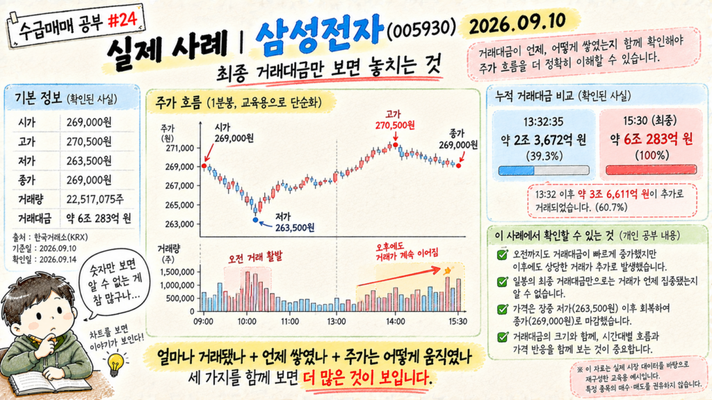 2026년 9월 10일 삼성전자 장중 거래대금 누적과 주가 흐름을 실제 시장 데이터로 재구성한 교육용 이미지