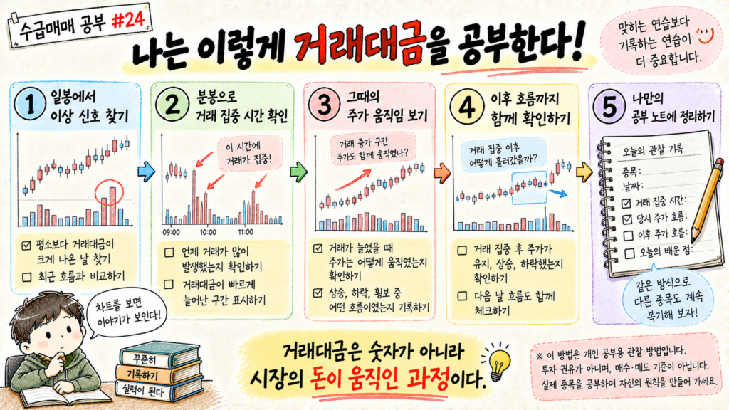 일봉과 분봉에서 거래대금 집중 시간과 주가 반응을 차례로 복기하는 개인 투자공부 방법