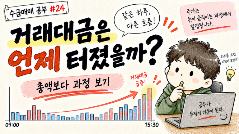 거래대금은 언제 터졌을까를 주제로 장중 거래대금의 시간과 과정을 공부하는 수급매매 공부 24 대표 이미지