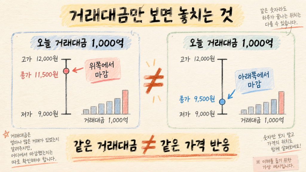 같은 거래대금이라도 종가 위치에 따라 가격 반응이 다를 수 있음을 비교한 교육용 이미지