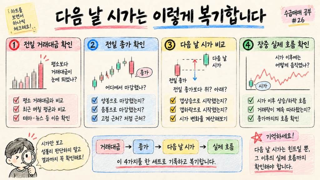 전일 거래대금부터 종가 다음 날 시가 실제 흐름까지 복기하는 방법을 설명한 이미지