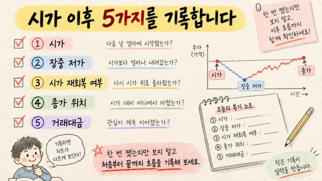 시가 장중 저가 시가 재회복 종가 위치 거래대금의 다섯 가지 복기 항목을 정리한 이미지