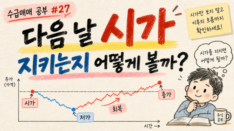 다음 날 시가를 지키는지 어떻게 확인하는지 설명하는 수급매매 공부 27 대표 이미지