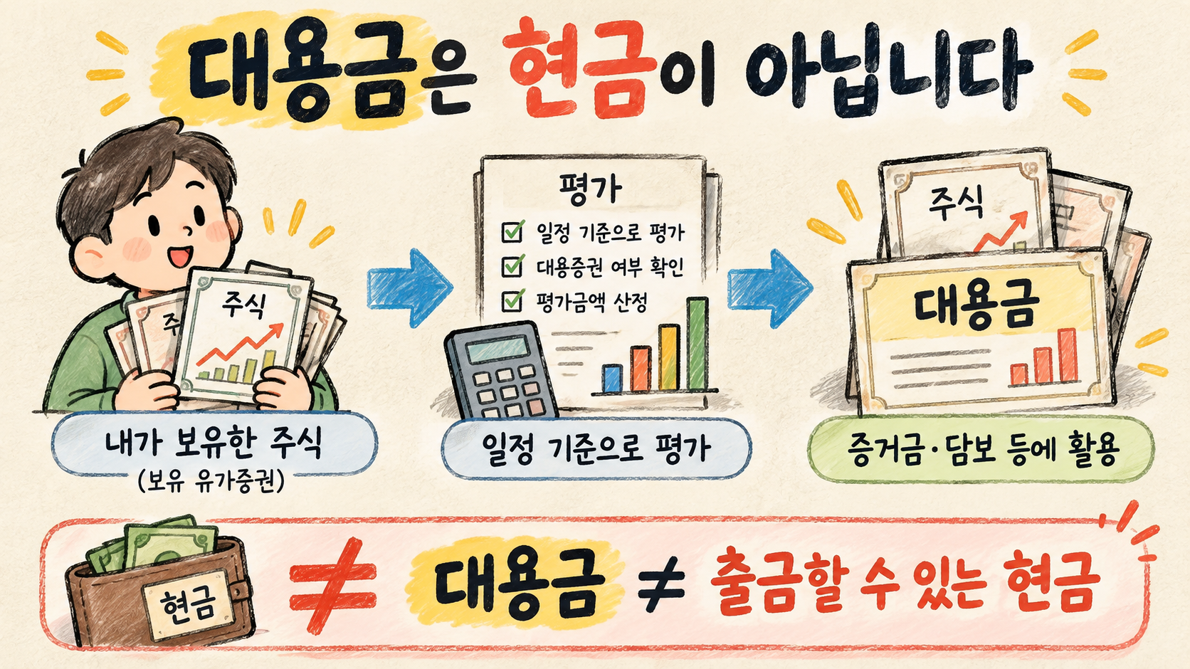 주식 대용금은 현금이 아니라 보유 유가증권을 평가한 금액임을 설명하는 이미지