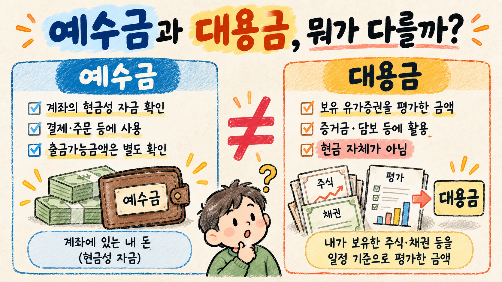 주식 예수금과 대용금의 차이를 현금성 자금과 보유 유가증권 평가금액으로 비교한 이미지