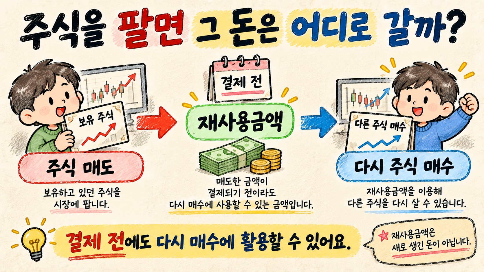 주식 매도 후 결제 전 재사용금액으로 다시 매수할 수 있는 구조를 설명하는 이미지