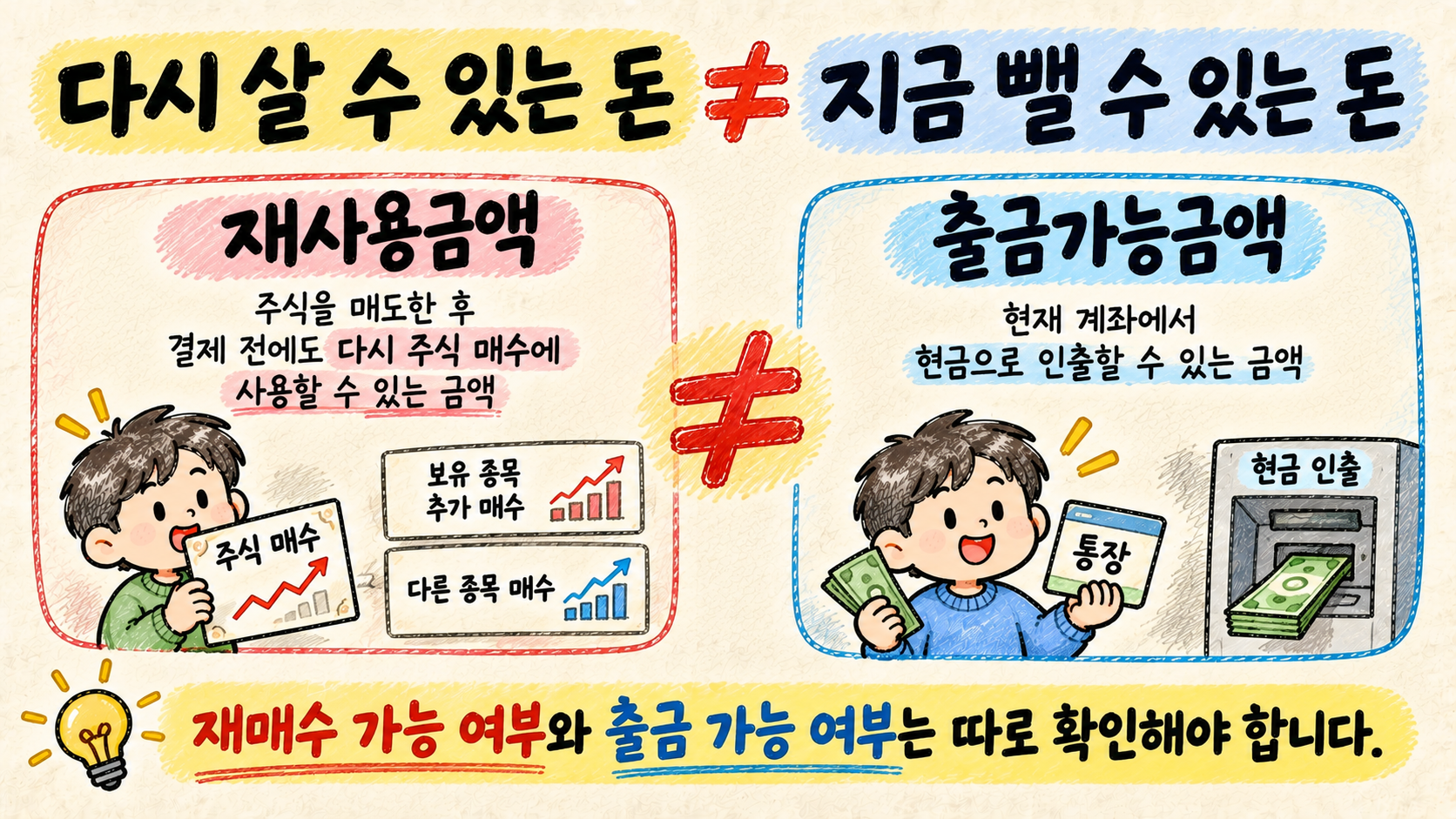 주식 재사용금액과 출금가능금액의 차이를 재매수와 현금 인출로 비교한 이미지