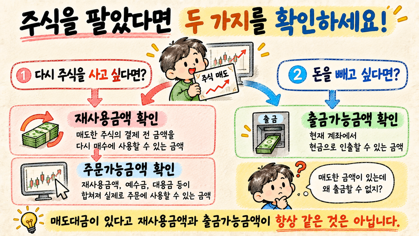 주식 매도 후 재매수할 때 재사용금액을 확인하고 출금할 때 출금가능금액을 확인하는 방법