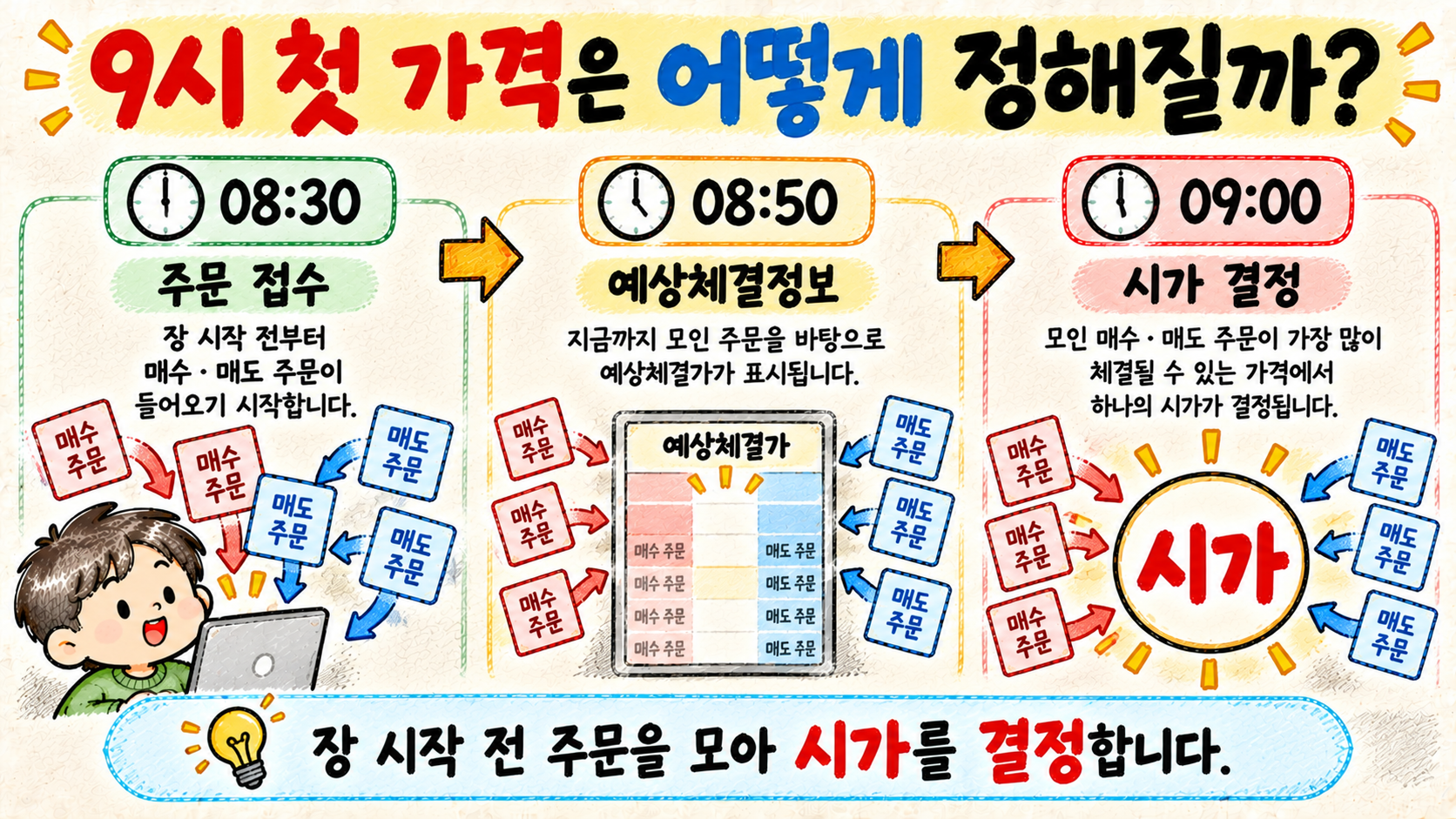 장 시작 전 08시 30분부터 주문을 모아 09시에 주식 시가가 결정되는 과정을 설명한 이미지