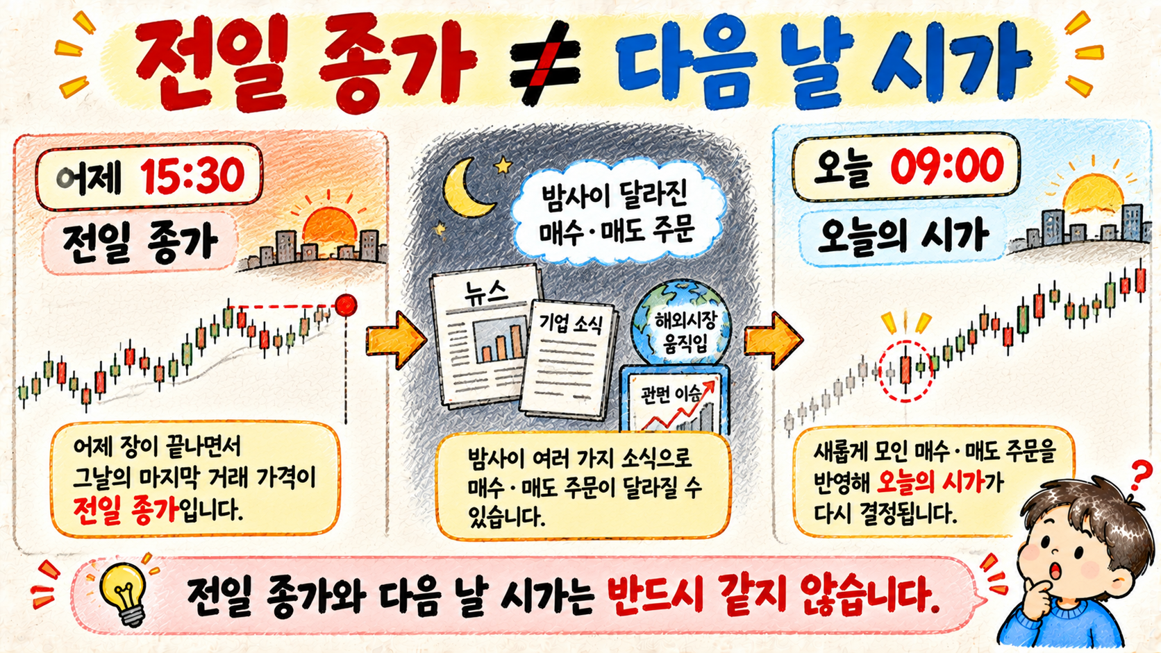 전날 종가와 다음 날 시가는 장 시작 전 새롭게 들어온 주문에 따라 달라질 수 있음을 설명한 이미지