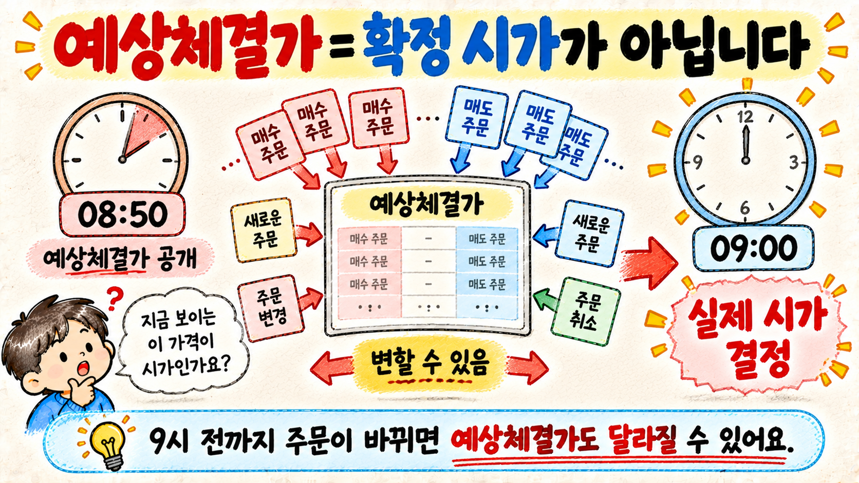 08시 50분 이후 예상체결가는 주문 변화에 따라 달라질 수 있고 09시에 실제 시가가 결정되는 과정을 설명한 이미지