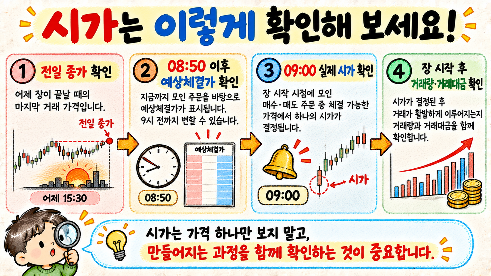 전일 종가 예상체결가 09시 실제 시가 장 시작 후 거래량과 거래대금을 순서대로 확인하는 방법을 설명한 이미지