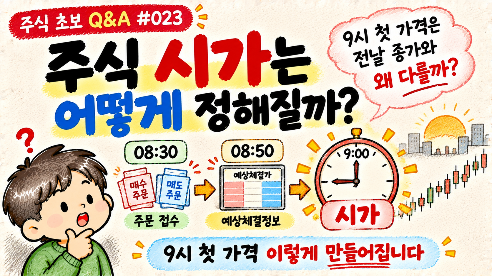 장 시작 전 매수와 매도 주문을 모아 09시에 주식 시가가 결정되는 과정을 설명하는 주식 초보 Q&A Q023 대표 이미지
