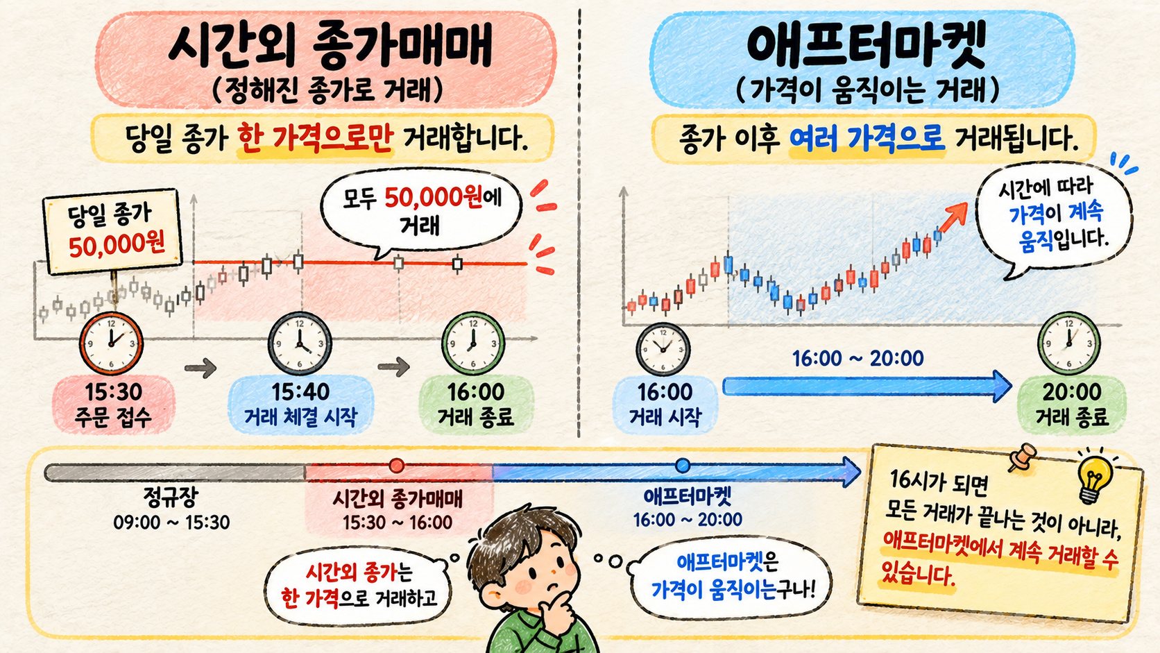 시간외 종가매매와 애프터마켓의 고정 종가 거래와 변동 가격 거래 차이 비교