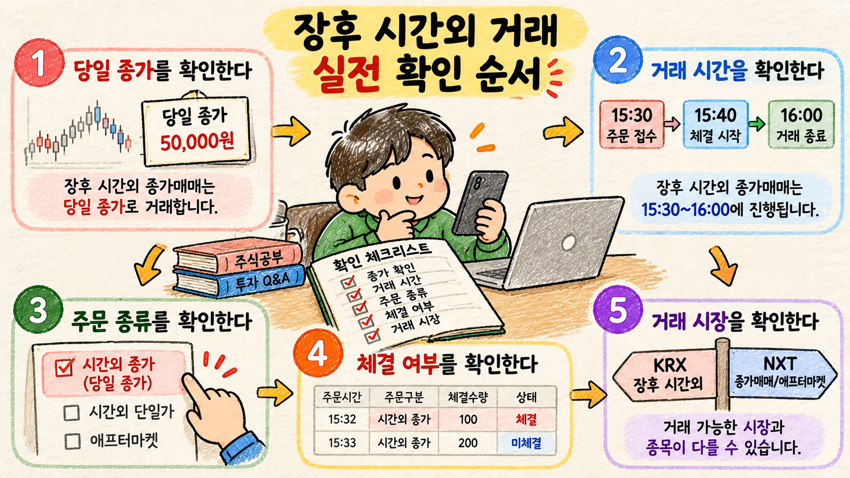 장후 시간외 거래에서 종가, 거래시간, 주문 종류, 체결 여부, 거래시장을 확인하는 순서
