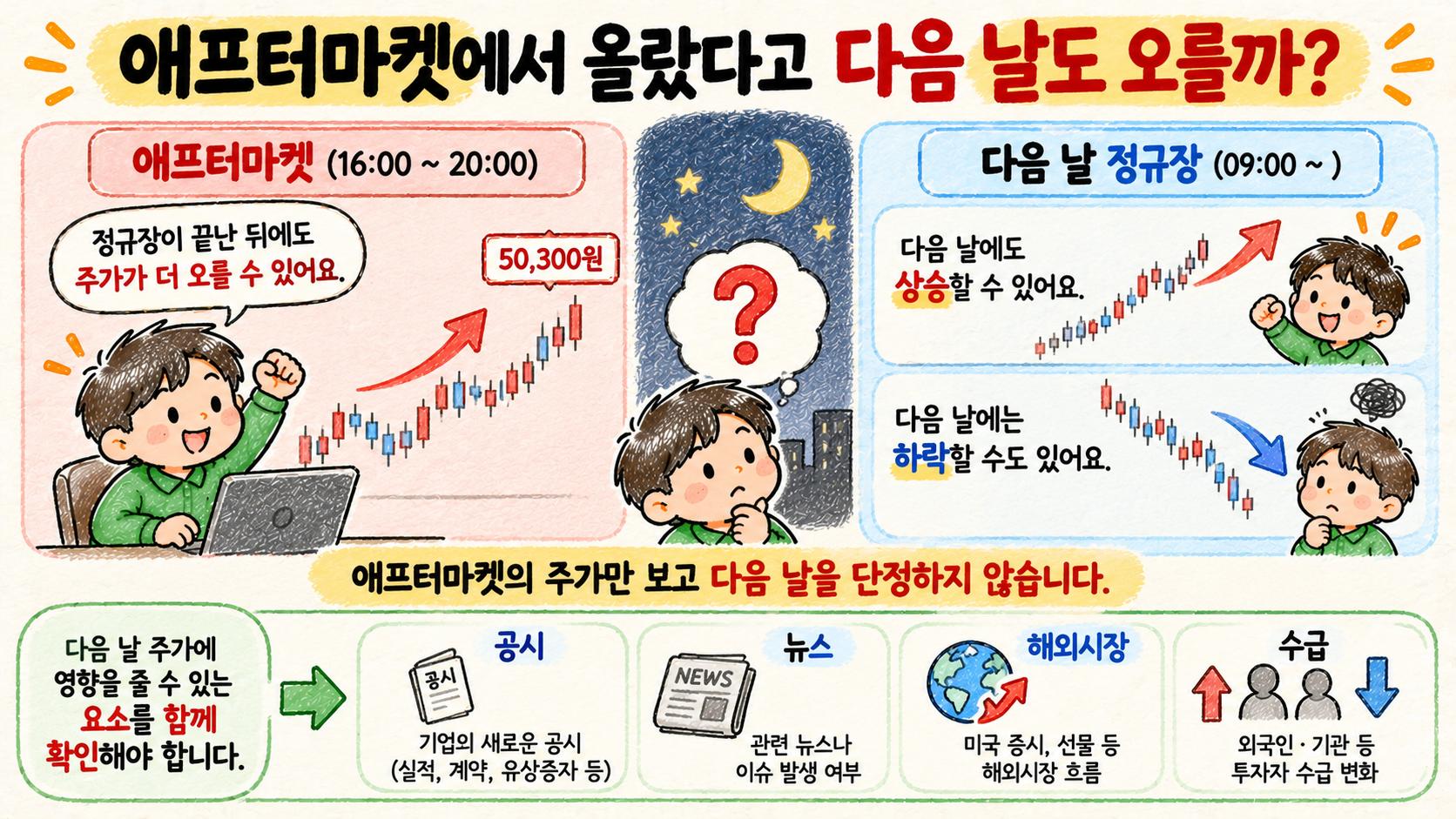애프터마켓 상승이 다음 날 상승을 보장하지 않으며 공시 뉴스 해외시장 수급을 함께 확인하는 설명