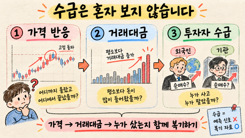 가격 반응 거래대금 외국인 기관 수급을 함께 확인하는 순서를 설명한 교육 이미지