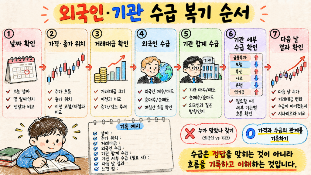 가격 거래대금 외국인 기관 세부 수급과 다음 날 결과를 기록하는 7단계 복기 방법